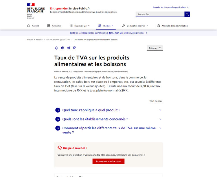 Le site entreprendre.service-public.fr sur les taux de TVA des produits alimentaires et boissons